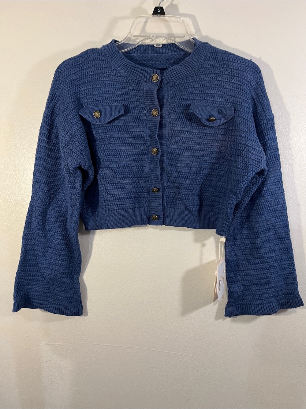 Commense Cropped Blue Button-Front Knit Cardigan